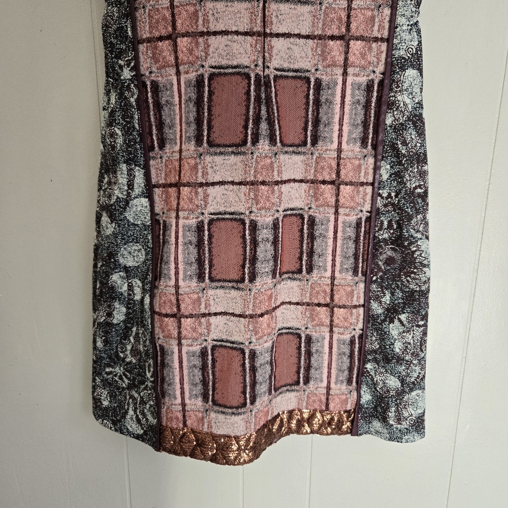 Save The Queen Sheath Dress Leather Inserts Rose Gold Sequins Geometric Maroon M - Picture 6 of 14